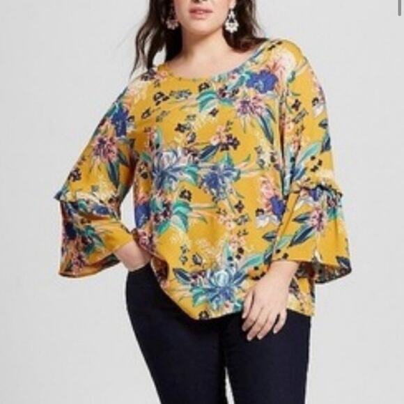 Ava‎ & Viv Mustard Floral Print 3/4 Sleeve Bell Sleeve Strappy Blouse Size 3X - Picture 1 of 10